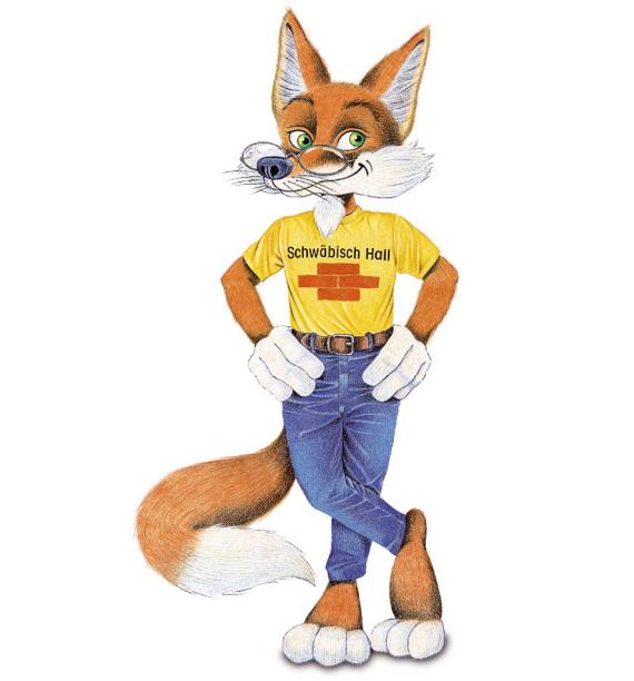 Der Bausparfuchs mit gelben Shirt und Jeans im Jahr 1985 Grafik des Bausparfuchses der Bausparkasse Schwäbisch Hall im Jahre 1985