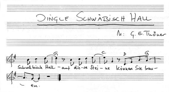 Der neue Jingle "Auf diese Steine können Sie bauen" wird 1984 zum Ohrwurm Der Komponist Günther-Eric Thöner vertont den Slogan "Auf diese Steine können Sie bauen". Dieser Jingle begleitet seither die Schwäbisch Hall-Werbespots.
