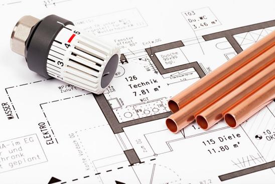 Grundrissplan mit Thermostat und Kupferrohren