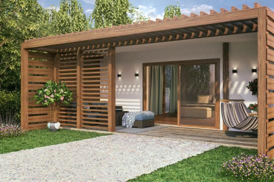 Singlehäuser Garten Picture of cozy bungalow. Render image.