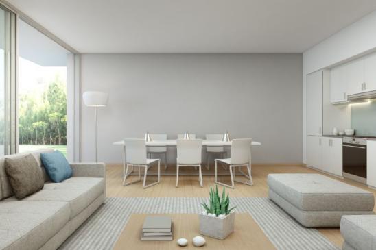 858627446 3d rendering of interior with table, sofa and cabinet