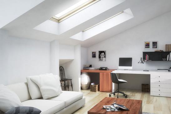 Gedämmten Dachboden zum Wohnraum ausbauen. Modernes Büro im Dachgeschoss.