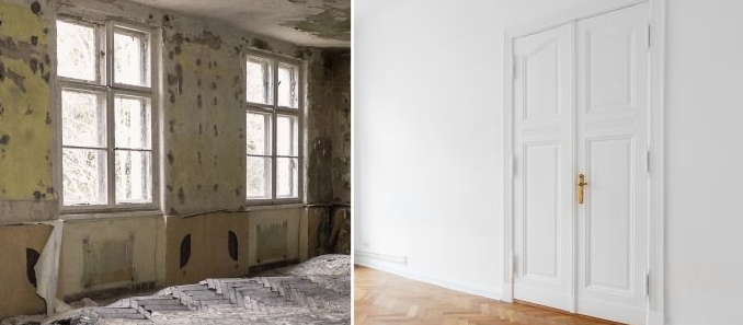 Wohnraum vor und nach der Renovierung