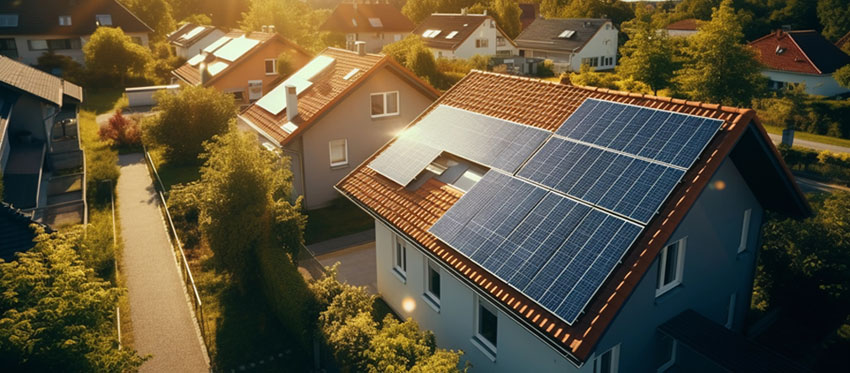 Solarpflicht: Häuserzeile mit PV-Anlagen auf dem Dach