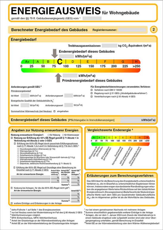 Muster eines Energieausweises für Wohngebäude