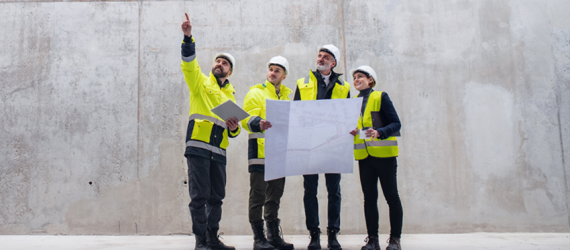 Vier Bauhelm und Schutzweste tragende Menschen bei der Bauplanbesprechung